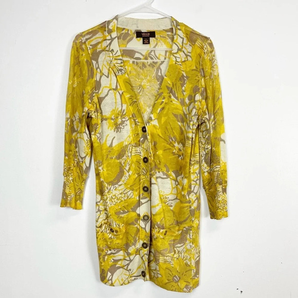 Victor Alfaro Cardigan Sweater Womens Size Small Yellow Floral Long Linen Vneck - Picture 1 of 8
